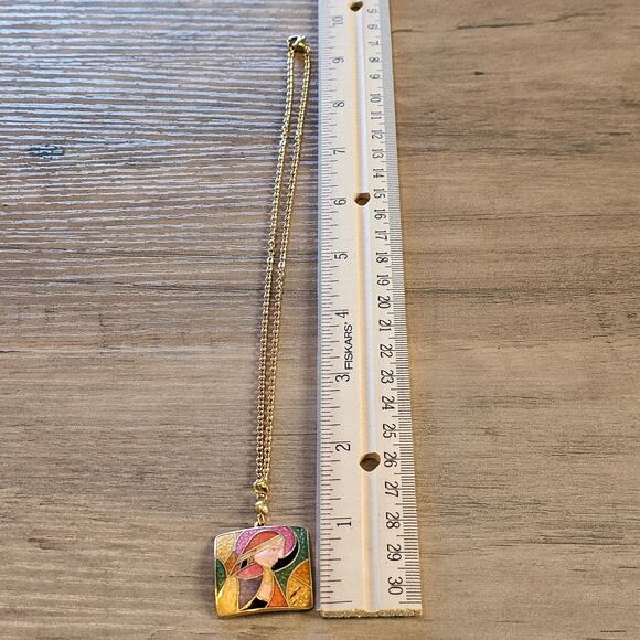 Vintage Cloisonne Praying Nun Religious Figure Gold Necklace - Picture 3 of 5